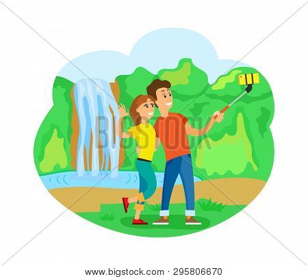 Romantic Trip Or Journey, Travelers Couple At Waterfall Taking Selfie Vector. Man And Woman With Sma