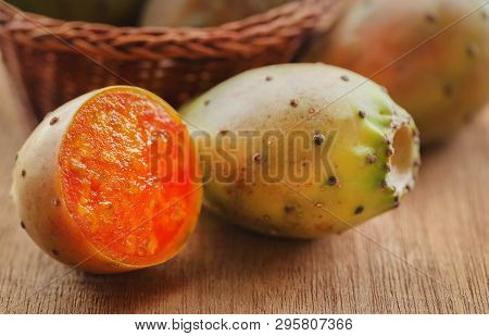 Closeup Of Sliced Prickly Pear In Textured Surface