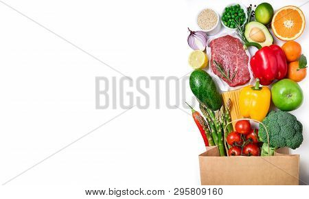 Healthy Food Background. Healthy Food In Paper Bag Meat Beef, Fruits, Vegetables And Pasta On White 