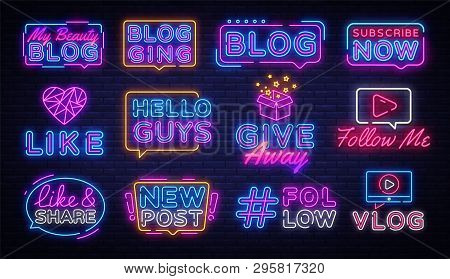 Blogging Collection Neon Signs Vector. Social Networks Design Template Concept. Blog Neon Banner Bac
