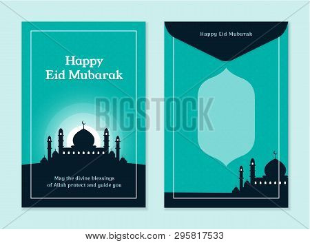 Simple Eid Al Fitr Mubarak Money Template Design With Mosque Silhouette Background. Front And Back S