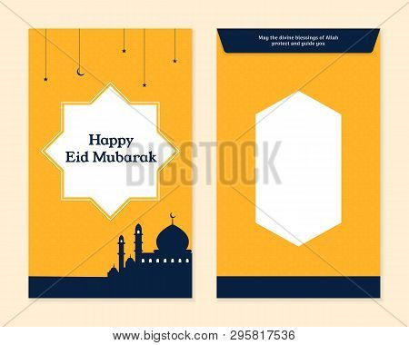 Fresh Eid Al Fitr Mubarak Money Template Design With Mosque Silhouette Background. Front And Back Si
