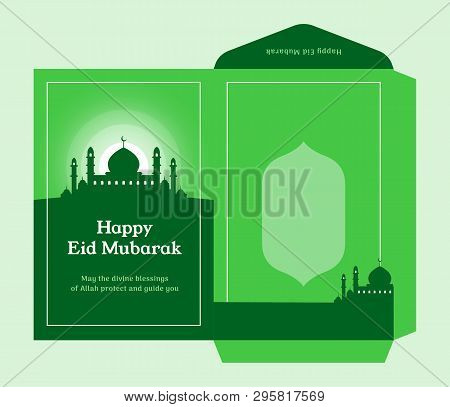Eid Al Fitr Money Envelope For Islam Great Day Celebration Gift Template Design With Mosque Silhouet