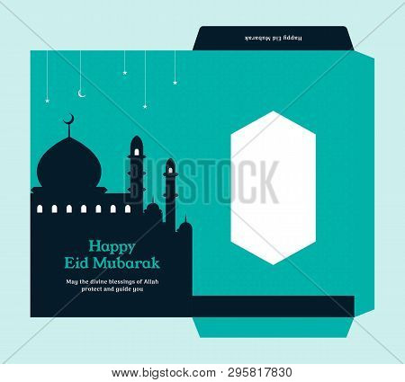 Eid Al Fitr Money Envelope For Islam Great Day Celebration Gift Template Design With Mosque Silhouet