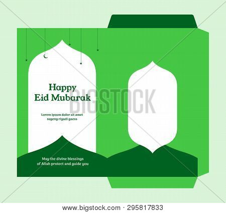 Eid Al Fitr Money Envelope For Islam Great Day Celebration Gift Template Design With Mosque Silhouet