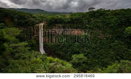 A Thunderstorm At The Chamarel Waterfall On The Beautiful Island Of Mauritius.