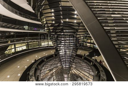 Berlin, Germany - 11.15.2014: The Hanging Mirrors Inside The Dome On Top Of The Berlin Reichstag Bui