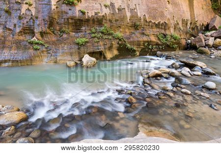 A Hiking Trail, Called The Narrows. A Long Exposure Of The Virgin River In The Zion National Park, U