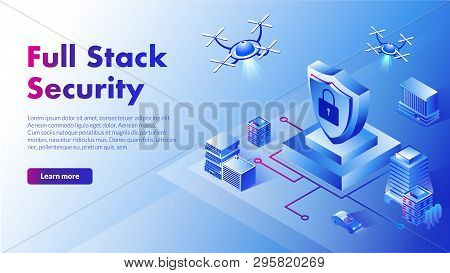 Isometric Illustration Full Stack Security With Flying Droids