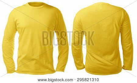 Blank Long Sleeved Shirt Mock Up Template, Front And Back View, Isolated On White, Plain Yellow T-sh