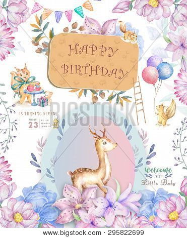 Cute Baby Deer And With Tasty Cake Animal Isolated Illustration For Children. Bohemian Watercolor Bo