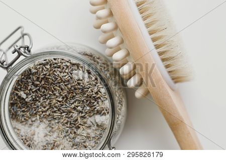 Salty Body Scrub With Lavender And Wooden Brush With Natural Bristle For Dry Anticellulite Massage