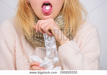 Take Pills Relieve Fever. Drink Plenty Of Fluids. Breaking Fever Concept. Girl Take Medicine To Brea