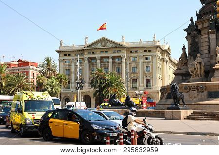 Barcelona, Spain - July 13, 2018: Traffic Cars In Portal De La Paz Square With Military Base Of Barc