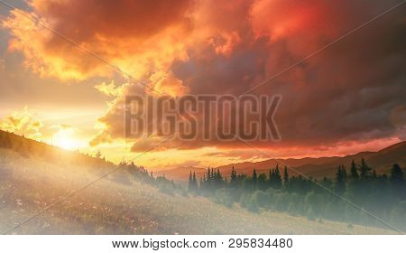 Fantastic Colorful Landscape.  Overcast Clouds Glowing In Sunligt Over The Mountain Meadov. Pictures