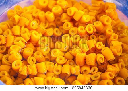 Candied Orange Peel. Candied Fruits On The Counter Of The Turkish Market. Rolled Orange Peel. Turkis