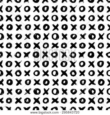Vector Seamless Pattern With Hand Drawn Noughts And Crosses. Tile X O Ink Brush Texture. Tic Tac Toe