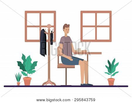Man Drinking Coffee In The Dining Room Vector Illustration Design