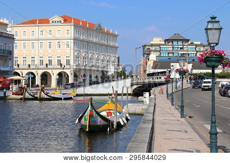 Aveiro, Portugal - May 23, 2018: Aveiro Canal Gondola-style Boats In Portugal. Aveiro Is Known As Th