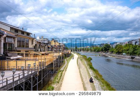 Kyoto, Japan - June 12, 2017: Ancient Wooden Houses Transformed Into Restaurants For Tourists On The