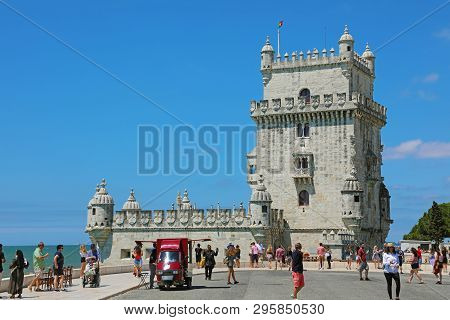 Belem, Portugal - June 25, 2018: The Belem Tower (torre De Belem), Lisbon, Portugal. It Is An Iconic
