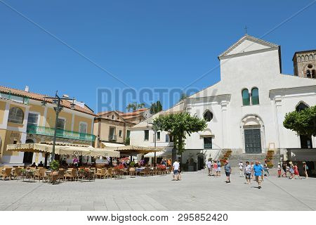 Ravello, Italy - July 2, 2018: Tourists Enjoy The Atmosphere Of Ravello's Piazza Duomo Square, Amalf