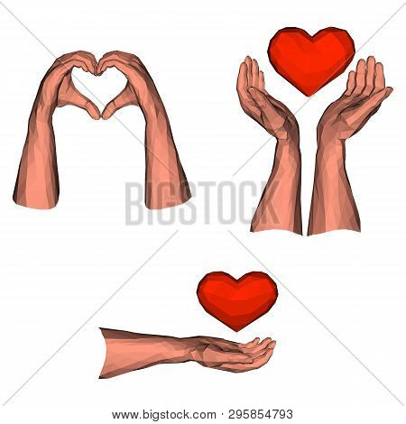 Collection Of Isolated Heart Gestures By Low Poly Hands And Abstract Emotions Of Romantic Love