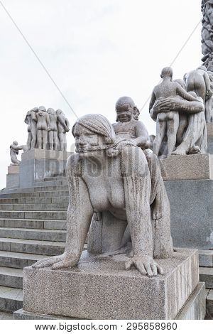 Oslo, Norway -jule, 2016: Sculpture By Gustav Vigeland In The Vigeland Park At Rainy Weather. Sculpt