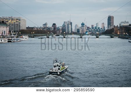 London, Uk - April 13, 2019: Metropolitan Police Marine Policing Unit (mpu) On The River Thames, Lon