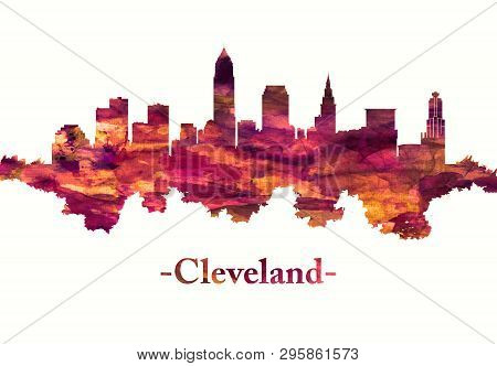Red Skyline Of Cleveland, A Major City In The U.s. State Of Ohio