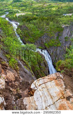 Falls In Mountains Of Norway. Waterfall Voringfossen - The Fourth Highest Peak In Norway. Voringsfos