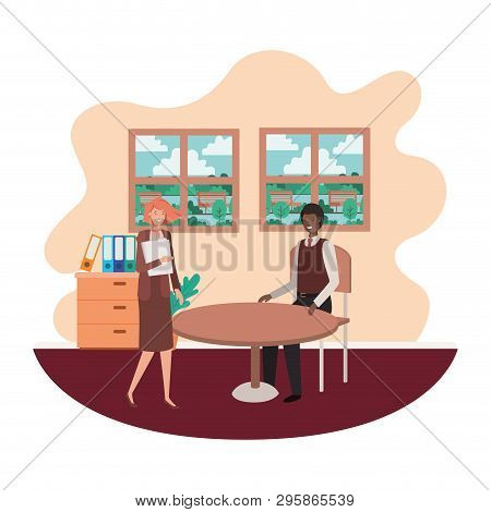 Couple Business In The Room With View The Landscape Vector Illustration Desing