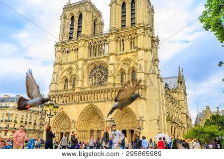 Paris, France - July 2, 2017: Tourists And Pigeons In Notre Dame De Paris. Top Paris Attraction. Bea