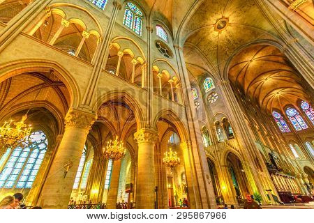Paris, France - July 1, 2017: Central Nave Interior And Ceiling Of Our Lady Of Paris Church, Notre D