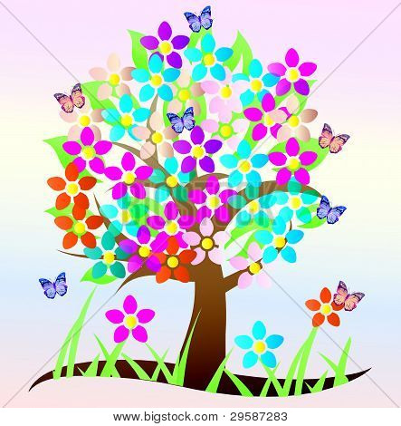 lente boom ful van leven met bloemen en vlinders