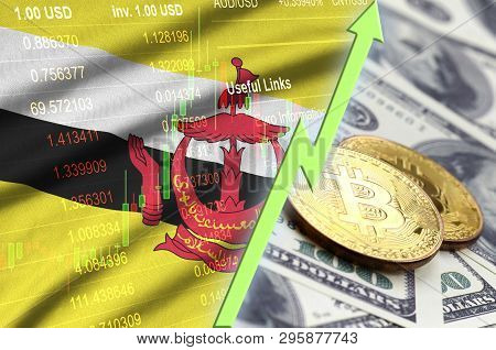 Brunei Darussalam Flag And Cryptocurrency Growing Trend With Two Bitcoins On Dollar Bills