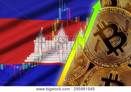Cambodia Flag And Cryptocurrency Growing Trend With Many Golden Bitcoins