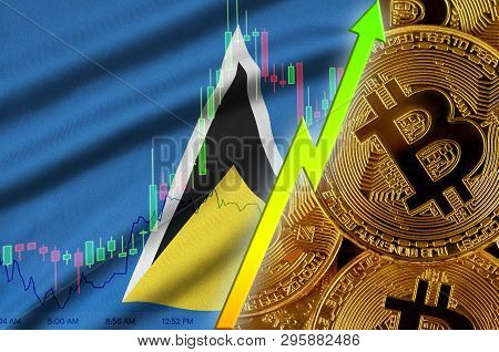Saint Lucia Flag And Cryptocurrency Growing Trend With Many Golden Bitcoins