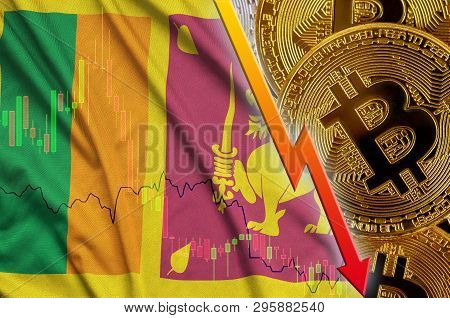 Sri Lanka Flag And Cryptocurrency Falling Trend With Many Golden Bitcoins