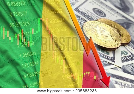 Mali Flag And Cryptocurrency Falling Trend With Two Bitcoins On Dollar Bills