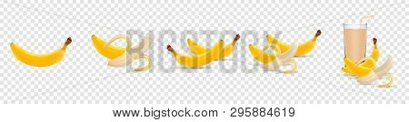 Set Of 3d Vector Realistic Illustration Bananas. Banana, Half Peeled Banana, Banana Juice Isolated O