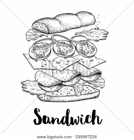 Sandwich Constructor. Flying Ingredients With Big Chiabatta Bun. Hand Drawn Sketch Style Vector Illu