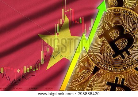 Vietnam Flag And Cryptocurrency Growing Trend With Many Golden Bitcoins