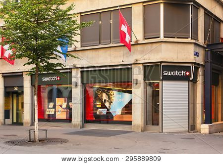 Zurich, Switzerland - August 1, 2018: Swatch Store On Bahnhofstrasse Street In Zurich. Swatch Is A B