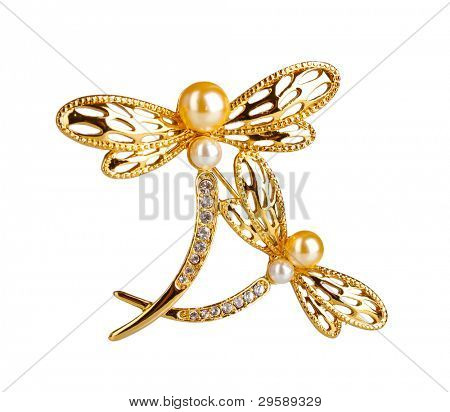 Hermosa broche de oro con piedras preciosas, aislado en blanco