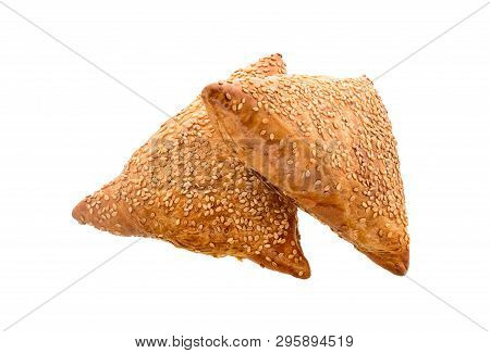 Puff Pastries With Meat, Samosa, Oriental Asian Cuisine.   Samosas Snack On White Background.  Asian