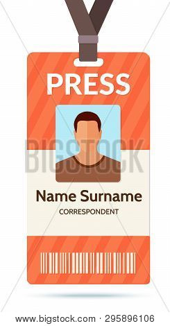 Red Business Event Press Pass Id Badge Card Flat Style Design Vector Illustration With Text Isolated