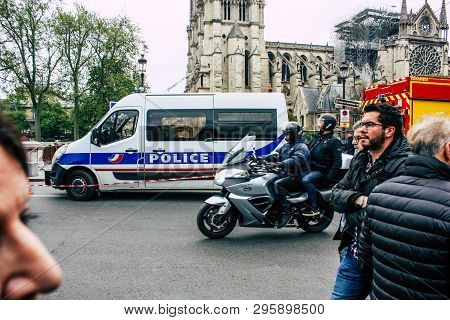 Paris France April 16, 2019 View Of A French Police Car Parked Near The Notre Dame Cathedral In Pari