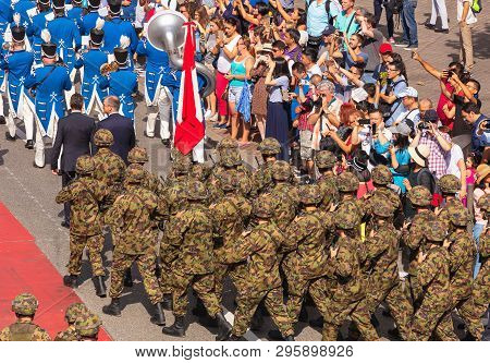 Zurich, Switzerland - August 1, 2018: Participants Of The Parade Devoted To The Swiss National Day P