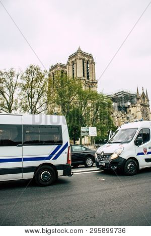 Paris France April 16, 2019 View Of A French Police Car Parked Near The Notre Dame Cathedral In Pari